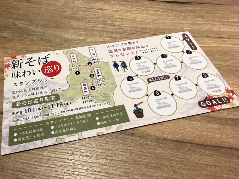新そば味わい巡りのスタンプラリー台紙と参加店舗の案内